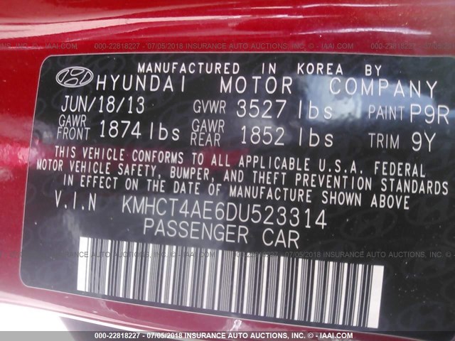 KMHCT4AE6DU523314 - 2013 HYUNDAI ACCENT GLS/GS RED photo 9