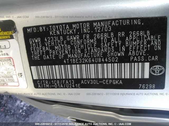 4T1BE32K64U844502 - 2004 TOYOTA CAMRY LE/XLE/SE 银色 照片 9