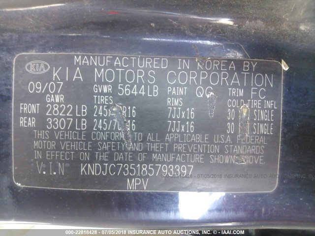 KNDJC735185793397 - 2008 KIA SORENTO EX/LX BLUE photo 9