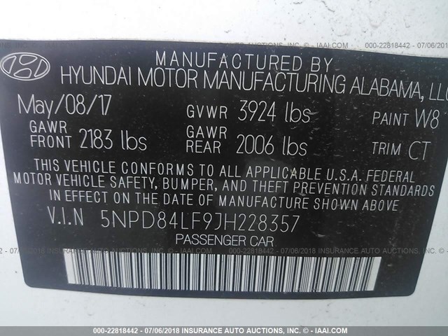 5NPD84LF9JH228357 - 2018 HYUNDAI ELANTRA SEL/VALUE/LIMITED WHITE photo 9