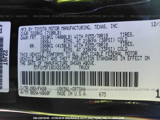 5TFUY5F18CX223695 - 2012 TOYOTA TUNDRA DOUBLE CAB SR5 BLACK photo 9