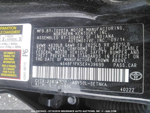 4T4BF1FK5ER439699 - 2014 TOYOTA CAMRY L/SE/LE/XLE 黑色 照片 9