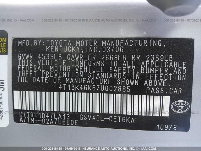 4T1BK46K67U002885 - 2007 TOYOTA CAMRY NEW GENERAT LE/XLE/SE SILVER photo 9