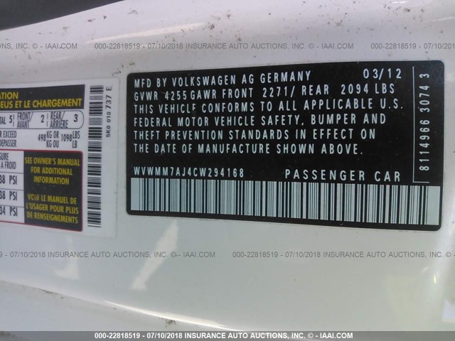 WVWMM7AJ4CW294168 - 2012 VOLKSWAGEN GOLF 白色 照片 9