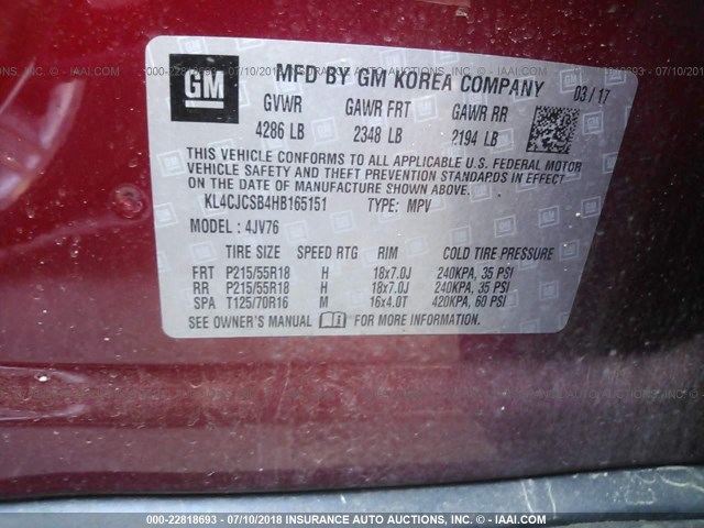 KL4CJCSB4HB165151 - 2017 BUICK ENCORE ESSENCE RED photo 9