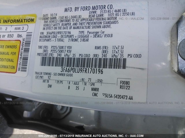 3FA6P0LU9FR170196 - 2015 FORD FUSION SE HYBRID WHITE photo 9