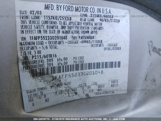 1FAFP55233G201048 - 2003 FORD TAURUS SES SILVER photo 9