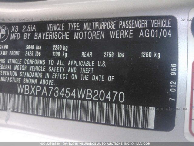 WBXPA73454WB20470 - 2004 BMW X3 2.5I SILVER photo 9