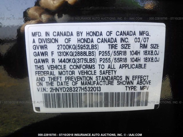 2HNYD28327H532013 - 2007 ACURA MDX TECHNOLOGY BLACK photo 9