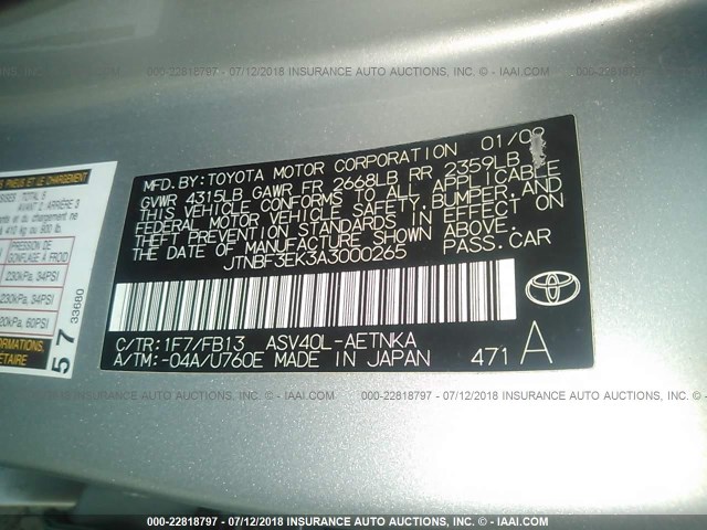 JTNBF3EK3A3000265 - 2010 TOYOTA CAMRY SE/LE/XLE SILVER photo 9