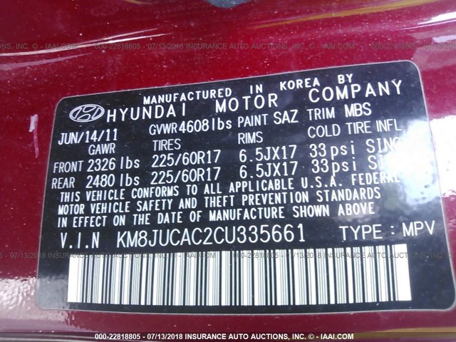 KM8JUCAC2CU335661 - 2012 HYUNDAI TUCSON GLS/LIMITED RED photo 9