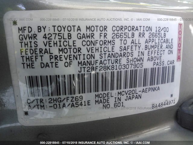 JT2BF28K810307905 - 2001 TOYOTA CAMRY LE/XLE TAN photo 9