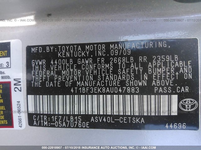 4T1BF3EK8AU047883 - 2010 TOYOTA CAMRY SE/LE/XLE SILVER photo 9