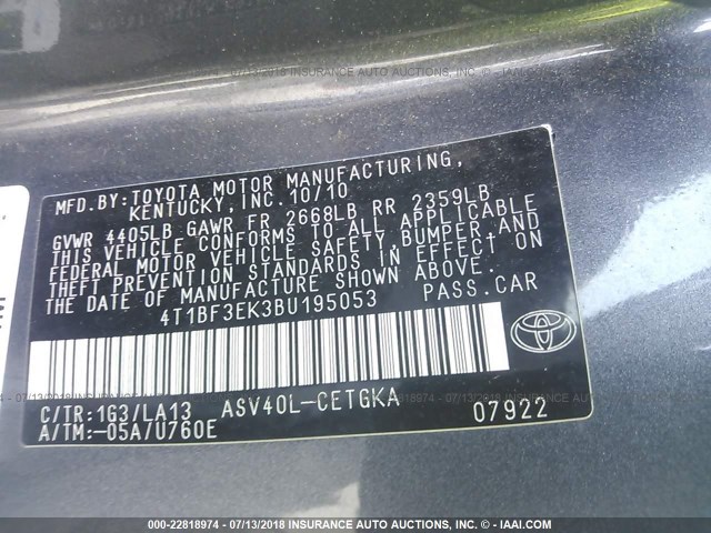 4T1BF3EK3BU195053 - 2011 TOYOTA CAMRY SE/LE/XLE GRAY photo 9