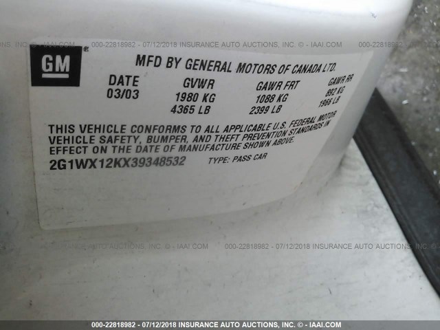 2G1WX12KX39348532 - 2003 CHEVROLET MONTE CARLO SS თეთრი ფოტო 9