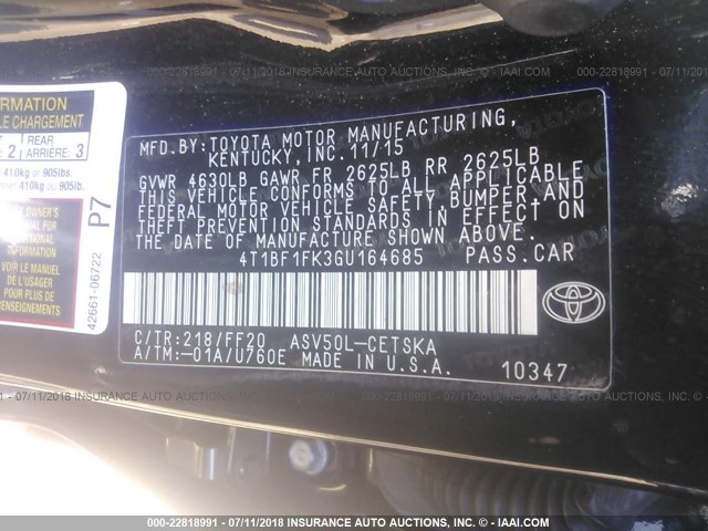 4T1BF1FK3GU164685 - 2016 TOYOTA CAMRY LE/XLE/SE/XSE BLACK photo 9