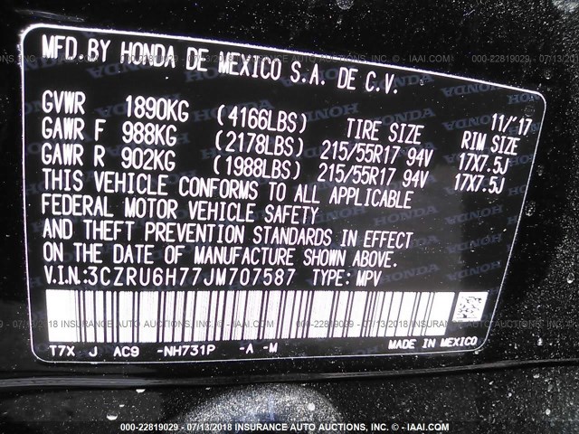 3CZRU6H77JM707587 - 2018 HONDA HR-V EXL BLACK photo 9