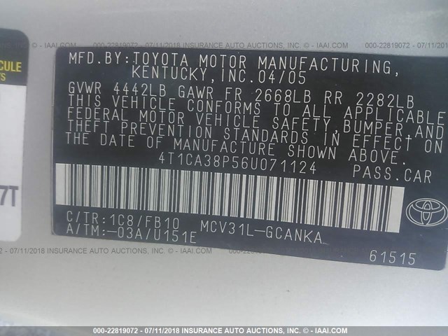 4T1CA38P56U071124 - 2006 TOYOTA CAMRY SOLARA SE/SLE ვერცხლისფერი ფოტო 9