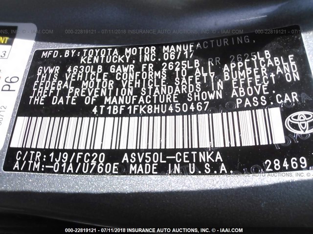 4T1BF1FK8HU450467 - 2017 TOYOTA CAMRY LE/XLE/SE/XSE SILVER photo 9