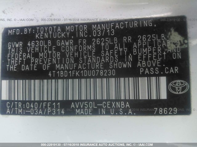 4T1BD1FK1DU078230 - 2013 TOYOTA CAMRY HYBRID/LE/XLE 绿色 照片 9