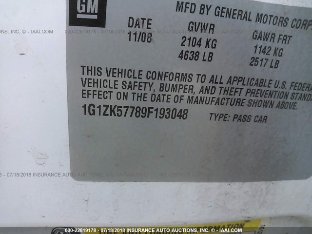 1G1ZK57789F193048 - 2009 CHEVROLET MALIBU LTZ 白色 照片 9