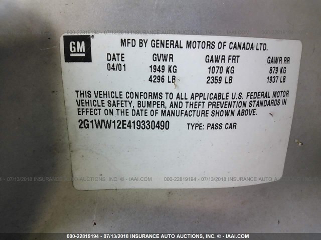 2G1WW12E419330490 - 2001 CHEVROLET MONTE CARLO LS ვერცხლისფერი ფოტო 9