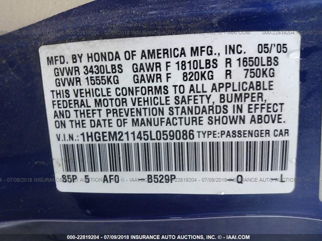 1HGEM21145L059086 - 2005 HONDA CIVIC DX VP BLUE photo 9