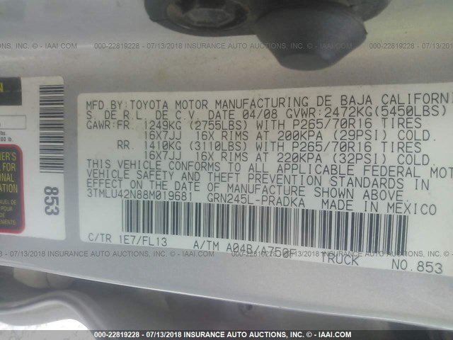 3TMLU42N88M019681 - 2008 TOYOTA TACOMA DOUBLE CAB ვერცხლისფერი ფოტო 9