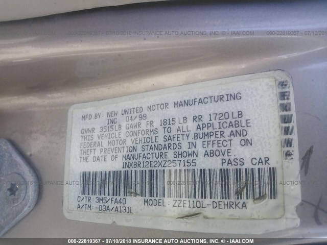 1NXBR12E2XZ257155 - 1999 TOYOTA COROLLA VE/CE/LE 金色 照片 9