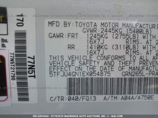 5TFJU4GN1EX054875 - 2014 TOYOTA TACOMA DOUBLE CAB PRERUNNER WHITE photo 9