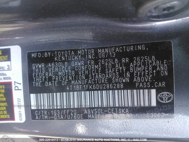 4T1BF1FK6DU286288 - 2013 TOYOTA CAMRY L/SE/LE/XLE ვერცხლისფერი ფოტო 9