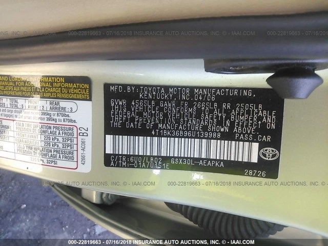 4T1BK36B96U139988 - 2006 TOYOTA AVALON XL/XLS/TOURING/LIMITED GRAY photo 9