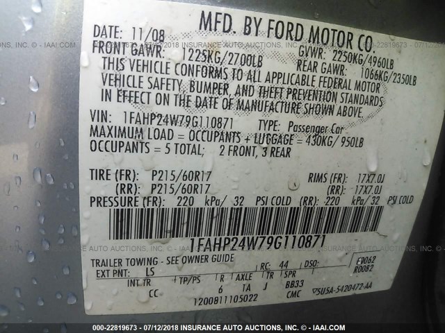 1FAHP24W79G110871 - 2009 FORD TAURUS SEL BLUE photo 9