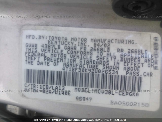 4T1BF30K92U026534 - 2002 TOYOTA CAMRY LE/XLE/SE 银色 照片 9