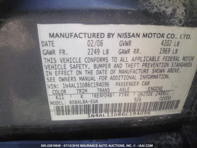 1N4AL11D86C194096 - 2006 NISSAN ALTIMA S/SL GRAY photo 9