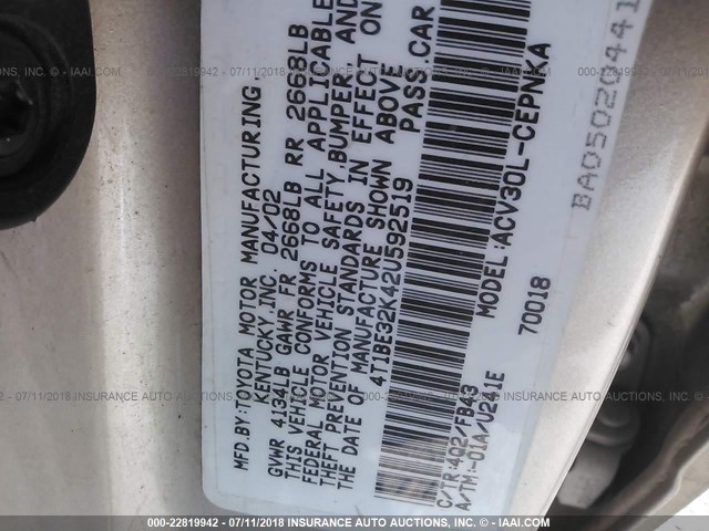 4T1BE32K42U592519 - 2002 TOYOTA CAMRY LE/XLE/SE Qəhvəyi foto 9