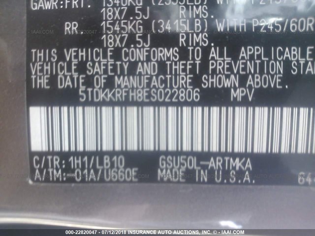 5TDKKRFH8ES022806 - 2014 TOYOTA HIGHLANDER XLE ნაცრისფერი ფოტო 9