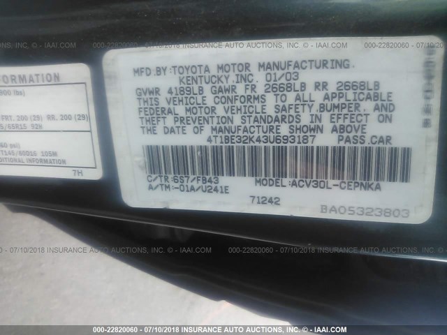 4T1BE32K43U693187 - 2003 TOYOTA CAMRY LE/XLE/SE GREEN photo 9