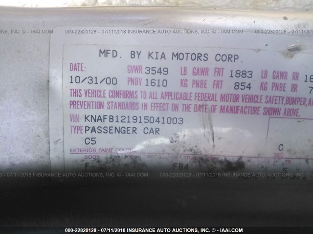 KNAFB121915041003 - 2001 KIA SEPHIA LS GRAY photo 9