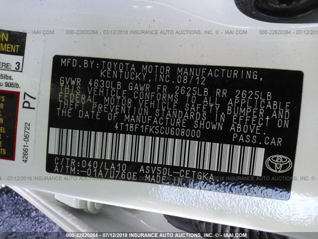 4T1BF1FK5CU608000 - 2012 TOYOTA CAMRY SE/LE/XLE WHITE photo 9