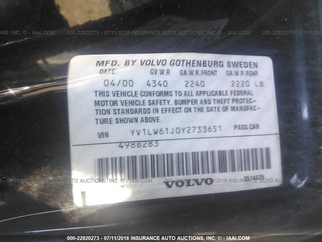 YV1LW61J0Y2733651 - 2000 VOLVO V70 SE BLACK photo 9