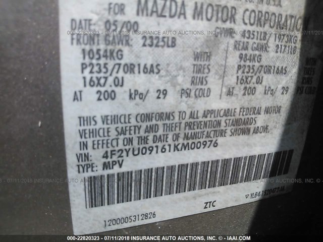 4F2YU09161KM00976 - 2001 MAZDA TRIBUTE LX/ES 银色 照片 9