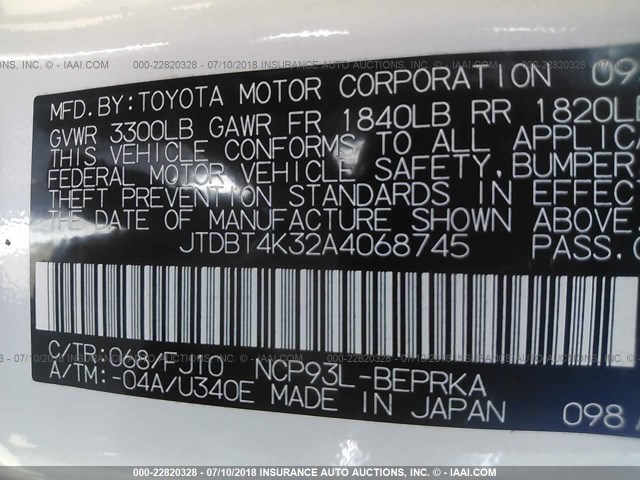 JTDBT4K32A4068745 - 2010 TOYOTA YARIS WHITE photo 9