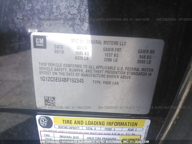 1G1ZC5EU4BF192345 - 2011 CHEVROLET MALIBU 1LT 黑色 照片 9