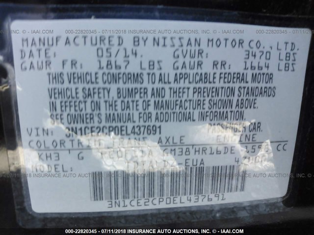 3N1CE2CP0EL437691 - 2014 NISSAN VERSA NOTE S/S PLUS/SV/SL BLACK photo 9
