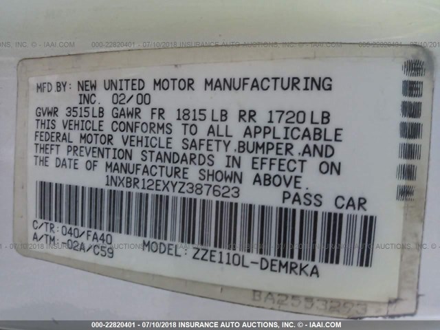 1NXBR12EXYZ387623 - 2000 TOYOTA COROLLA VE/CE/LE 白色 照片 9