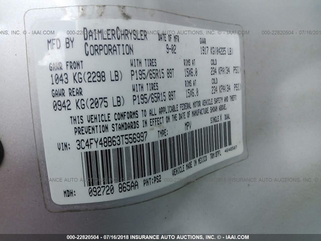 3C4FY48B63T556997 - 2003 CHRYSLER PT CRUISER CLASSIC SILVER photo 9