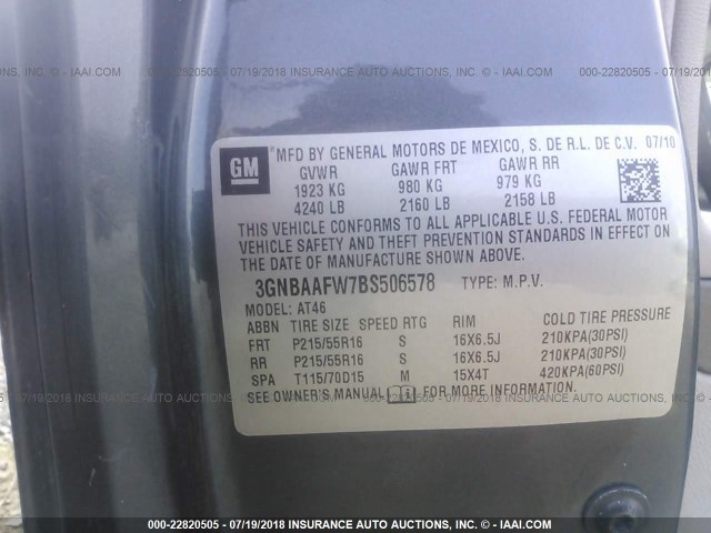 3GNBAAFW7BS506578 - 2011 CHEVROLET HHR LS GRAY photo 9