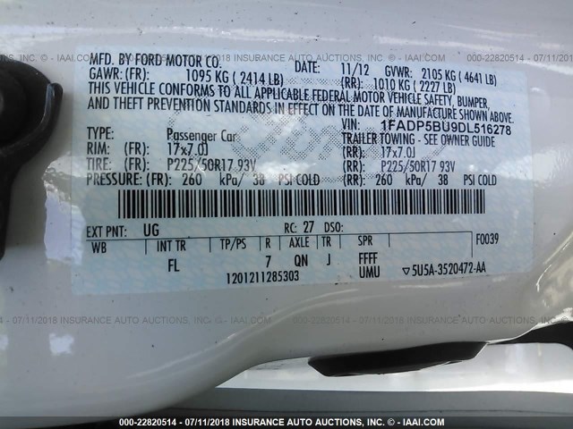 1FADP5BU9DL516278 - 2013 FORD C-MAX SEL WHITE photo 9