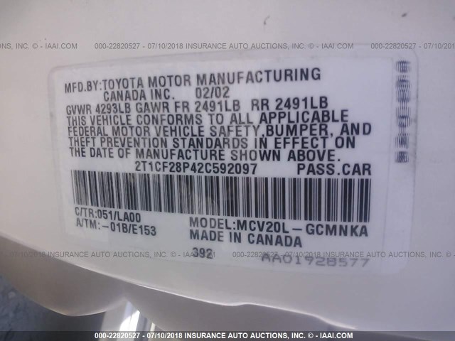 2T1CF28P42C592097 - 2002 TOYOTA CAMRY SOLARA SE/SLE WHITE photo 9